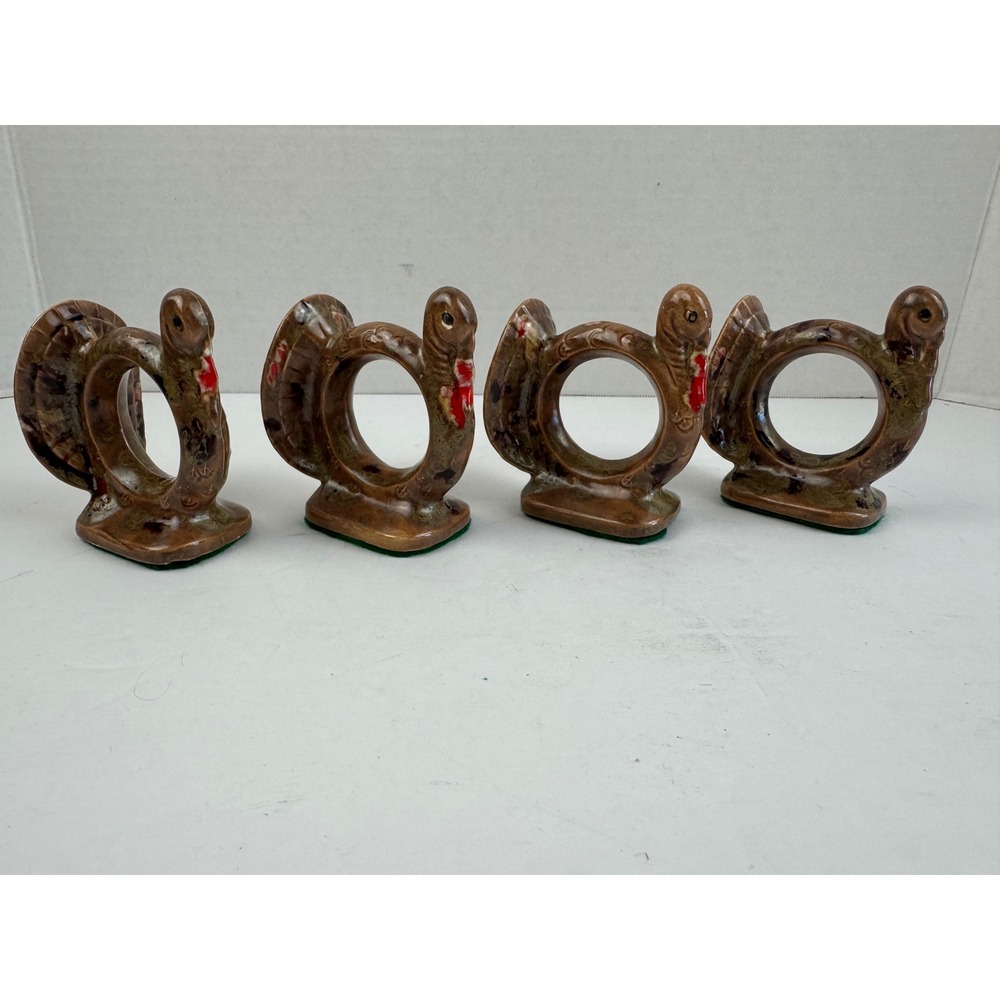 Vintage Ceramic Turkey Napkin Rings Set‎ of 4 Brown Glazed Thanksgiving Decor